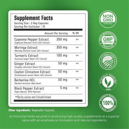 Immortal Herbs Cayenne Pfeffer Moringa Kurkuma Ingwer Kapseln, 150 Stück, Extra Stärke, Non-GMO & Glutenfrei, Reines Berberin HCL und Ceylon Zimt Extrakt Pulver