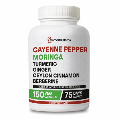 Immortal Herbs Cayenne Pfeffer Moringa Kurkuma Ingwer Kapseln, 150 Stück, Extra Stärke, Non-GMO & Glutenfrei, Reines Berberin HCL und Ceylon Zimt Extrakt Pulver