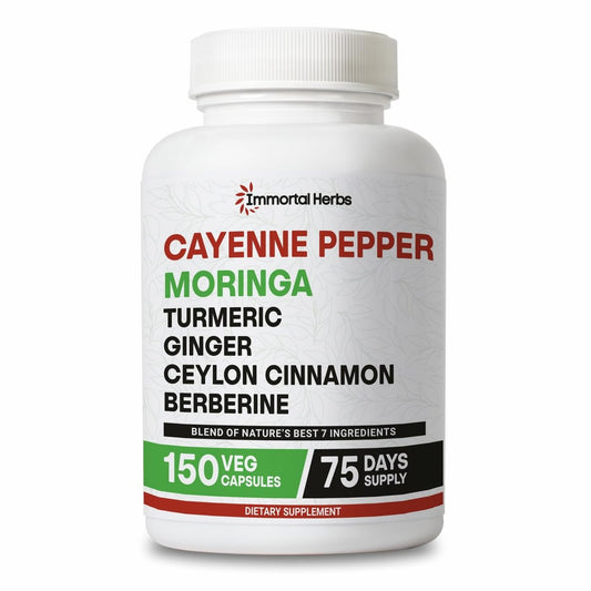 Immortal Herbs Cayenne Pfeffer Moringa Kurkuma Ingwer Kapseln, 150 Stück, Extra Stärke, Non-GMO & Glutenfrei, Reines Berberin HCL und Ceylon Zimt Extrakt Pulver