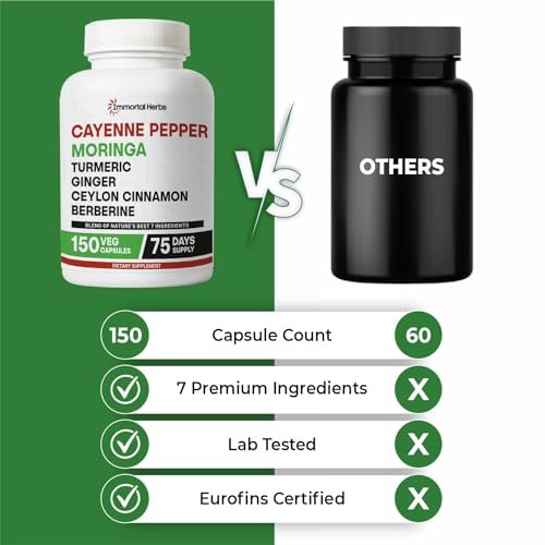 Immortal Herbs Cayenne Pfeffer Moringa Kurkuma Ingwer Kapseln, 150 Stück, Extra Stärke, Non-GMO & Glutenfrei, Reines Berberin HCL und Ceylon Zimt Extrakt Pulver