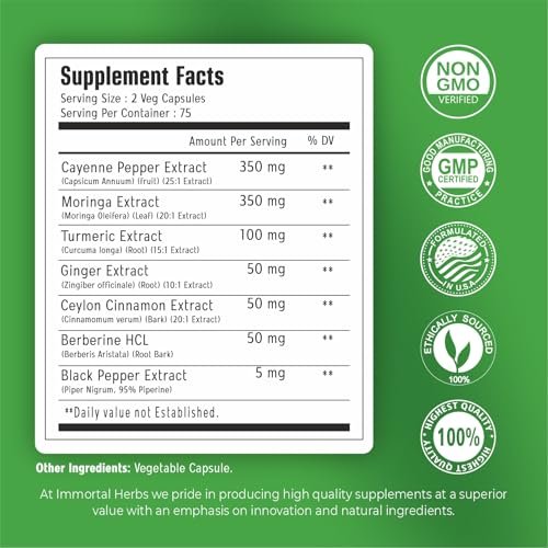 Immortal Herbs Cayenne Pfeffer Moringa Kurkuma Ingwer Kapseln, 150 Stück, Extra Stärke, Non-GMO & Glutenfrei, Reines Berberin HCL und Ceylon Zimt Extrakt Pulver