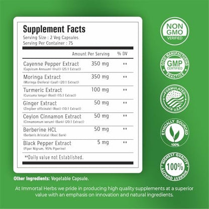 Immortal Herbs Cayenne Pfeffer Moringa Kurkuma Ingwer Kapseln, 150 Stück, Extra Stärke, Non-GMO & Glutenfrei, Reines Berberin HCL und Ceylon Zimt Extrakt Pulver