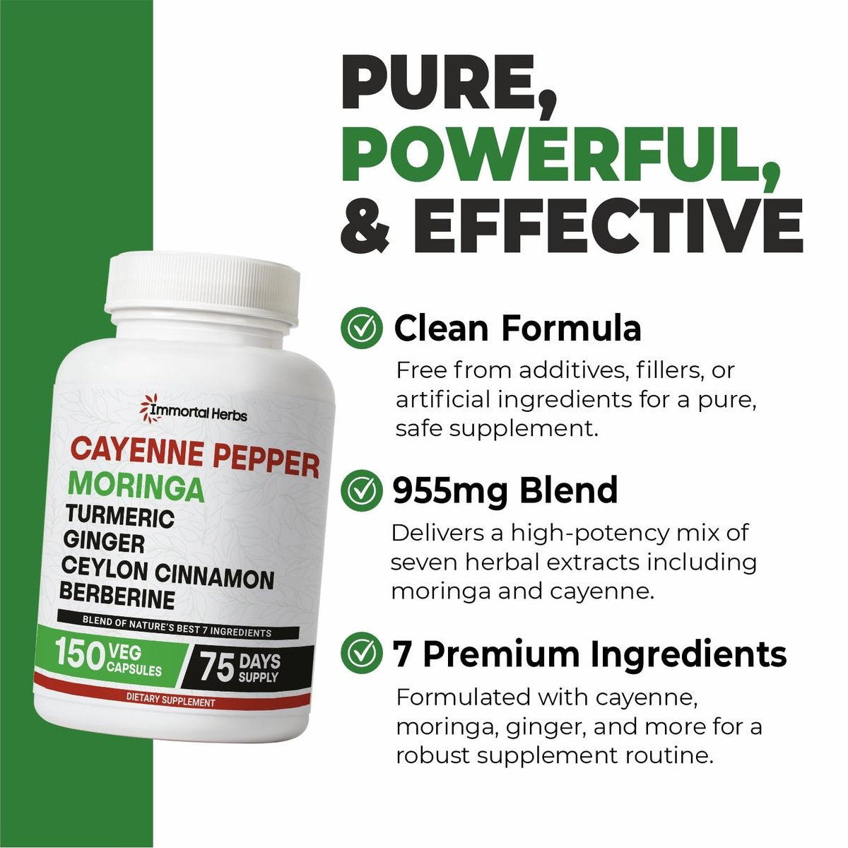 Immortal Herbs Cayenne Pfeffer Moringa Kurkuma Ingwer Kapseln, 150 Stück, Extra Stärke, Non-GMO & Glutenfrei, Reines Berberin HCL und Ceylon Zimt Extrakt Pulver