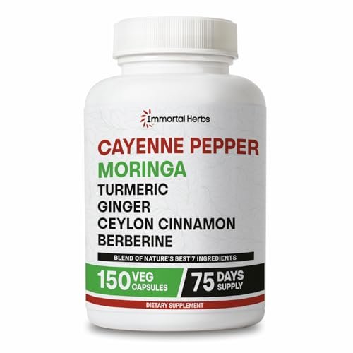 Immortal Herbs Cayenne Pfeffer Moringa Kurkuma Ingwer Kapseln, 150 Stück, Extra Stärke, Non-GMO & Glutenfrei, Reines Berberin HCL und Ceylon Zimt Extrakt Pulver