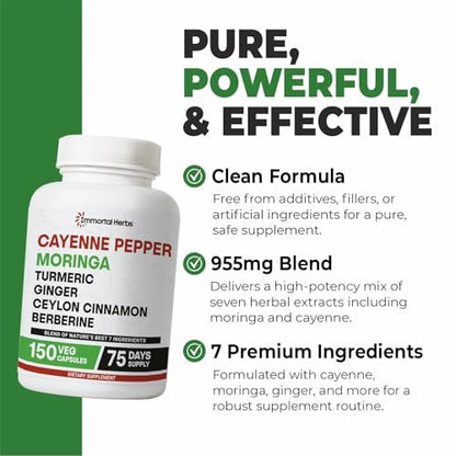 Immortal Herbs Cayenne Pfeffer Moringa Kurkuma Ingwer Kapseln, 150 Stück, Extra Stärke, Non-GMO & Glutenfrei, Reines Berberin HCL und Ceylon Zimt Extrakt Pulver