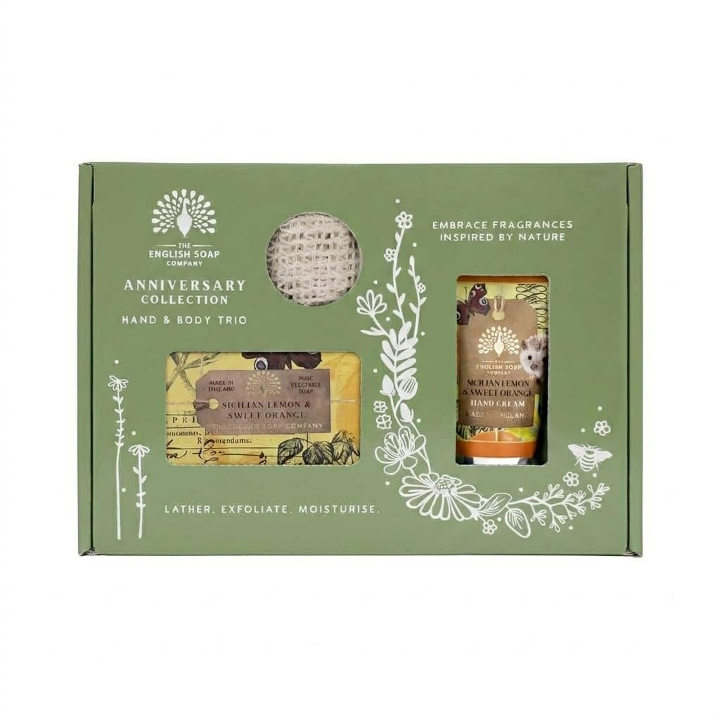 The English Soap Company Anniversary Collection Luxus Hand- und Körperpflege Trio Geschenkset (Sizilianische Zitrone, Süße Orange)