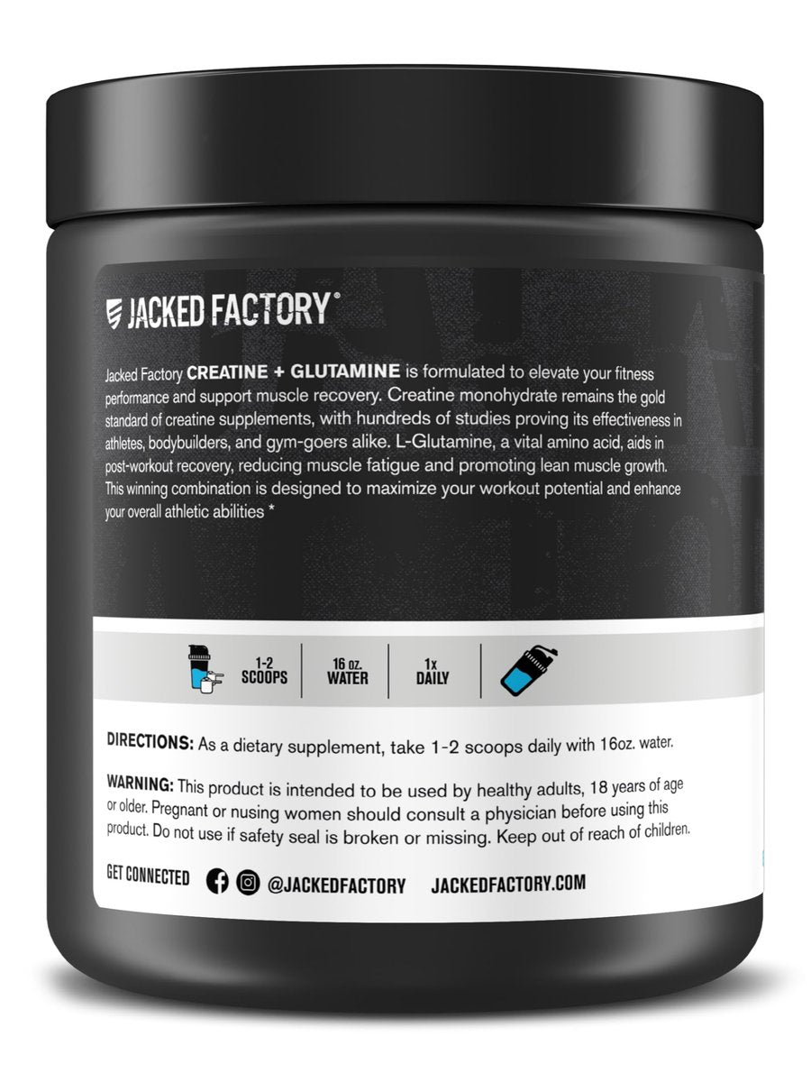 Jacked Factory Creatin + Glutamin – Creatinpräparat mit L-Glutamin für Muskelregeneration, Muskelwachstum, gesteigerte Kraft, erhöhte Energieabgabe und Darmgesundheit – 30 Portionen, Blaue Himbeere