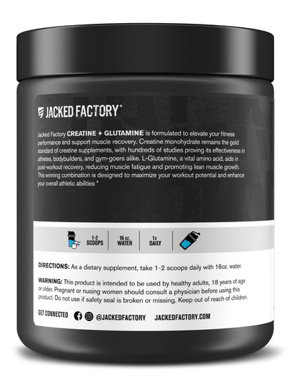 Jacked Factory Creatin + Glutamin – Creatinpräparat mit L-Glutamin für Muskelregeneration, Muskelwachstum, gesteigerte Kraft, erhöhte Energieabgabe und Darmgesundheit – 30 Portionen, Blaue Himbeere