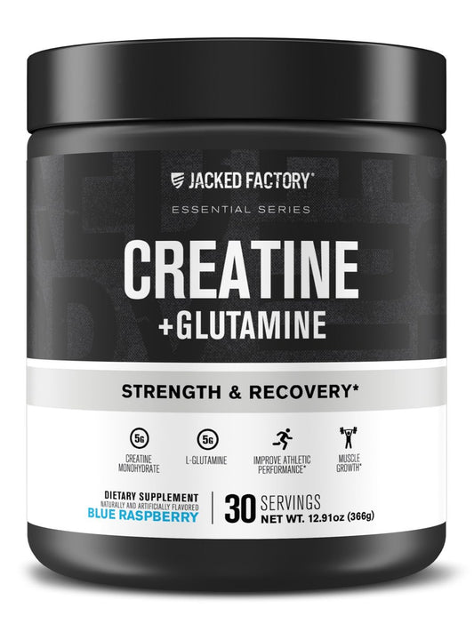 Jacked Factory Creatin + Glutamin – Creatinpräparat mit L-Glutamin für Muskelregeneration, Muskelwachstum, gesteigerte Kraft, erhöhte Energieabgabe und Darmgesundheit – 30 Portionen, Blaue Himbeere