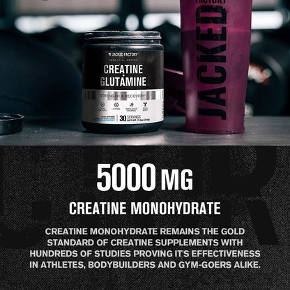Jacked Factory Creatin + Glutamin – Creatinpräparat mit L-Glutamin für Muskelregeneration, Muskelwachstum, gesteigerte Kraft, erhöhte Energieabgabe und Darmgesundheit – 30 Portionen, Blaue Himbeere