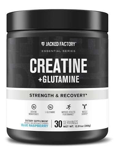 Jacked Factory Creatin + Glutamin – Creatinpräparat mit L-Glutamin für Muskelregeneration, Muskelwachstum, gesteigerte Kraft, erhöhte Energieabgabe und Darmgesundheit – 30 Portionen, Blaue Himbeere