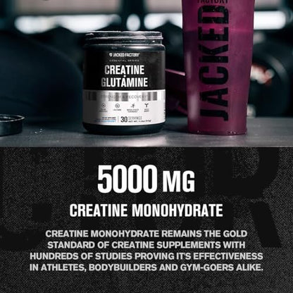 Jacked Factory Creatin + Glutamin – Creatinpräparat mit L-Glutamin für Muskelregeneration, Muskelwachstum, gesteigerte Kraft, erhöhte Energieabgabe und Darmgesundheit – 30 Portionen, Blaue Himbeere