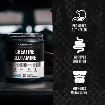 Jacked Factory Creatin + Glutamin – Creatinpräparat mit L-Glutamin für Muskelregeneration, Muskelwachstum, gesteigerte Kraft, erhöhte Energieabgabe und Darmgesundheit – 30 Portionen, Blaue Himbeere