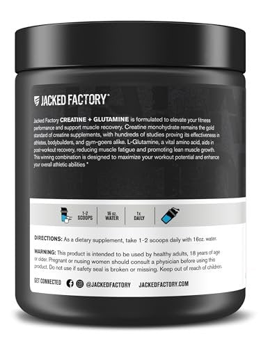 Jacked Factory Creatin + Glutamin – Creatinpräparat mit L-Glutamin für Muskelregeneration, Muskelwachstum, gesteigerte Kraft, erhöhte Energieabgabe und Darmgesundheit – 30 Portionen, Blaue Himbeere