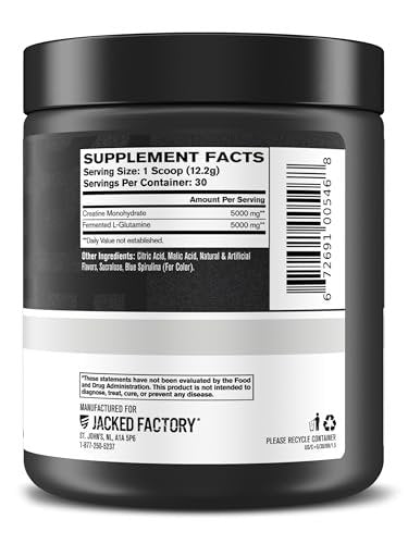 Jacked Factory Creatin + Glutamin – Creatinpräparat mit L-Glutamin für Muskelregeneration, Muskelwachstum, gesteigerte Kraft, erhöhte Energieabgabe und Darmgesundheit – 30 Portionen, Blaue Himbeere