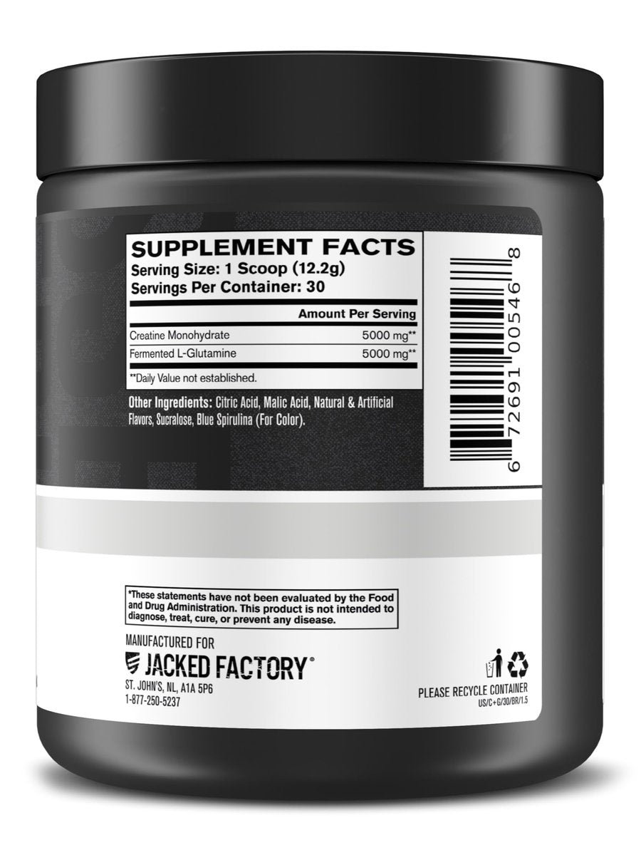 Jacked Factory Creatin + Glutamin – Creatinpräparat mit L-Glutamin für Muskelregeneration, Muskelwachstum, gesteigerte Kraft, erhöhte Energieabgabe und Darmgesundheit – 30 Portionen, Blaue Himbeere