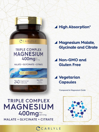 Carlyle Triple Magnesium Complex | 400 mg | 240 Kapseln | Magnesiummalat, Glycinat & Citrat | Vegetarisch, Nicht-GMO & Glutenfrei
