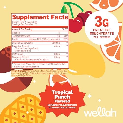 Wellah Creatin für Frauen - Kreatin-Monohydrat mit Löwenzahn & Cranberry-Extrakt (50 Portionen, Tropical Punch)