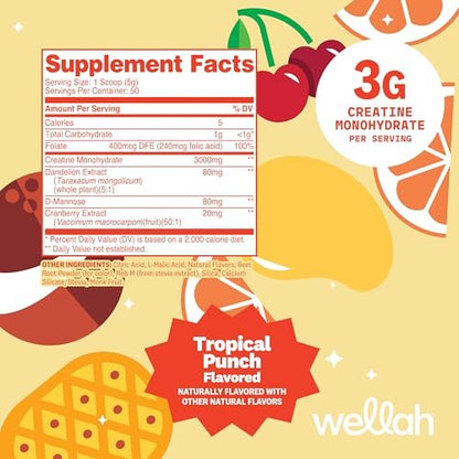 Wellah Creatin für Frauen - Kreatin-Monohydrat mit Löwenzahn & Cranberry-Extrakt (50 Portionen, Tropical Punch)