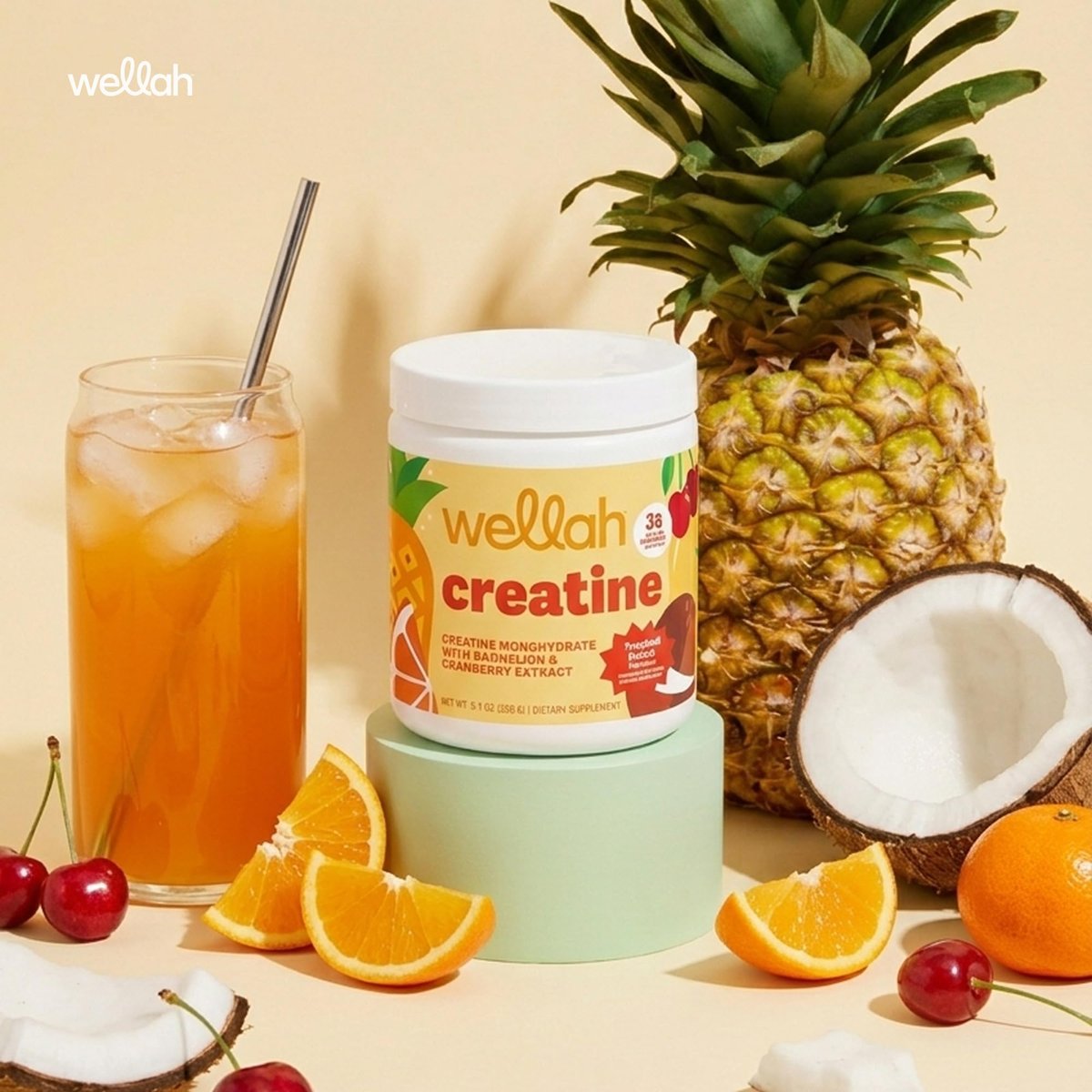 Wellah Creatin für Frauen - Kreatin-Monohydrat mit Löwenzahn & Cranberry-Extrakt (50 Portionen, Tropical Punch)