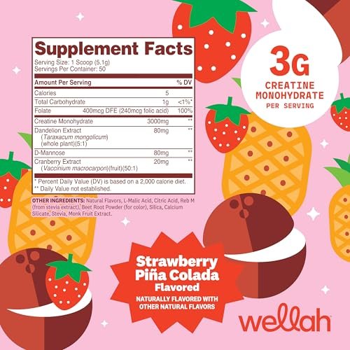 Wellah Creatin für Frauen (50 Portionen, Erdbeer-Pina-Colada) – Creatin-Monohydrat mit Löwenzahn & Cranberry-Extrakt