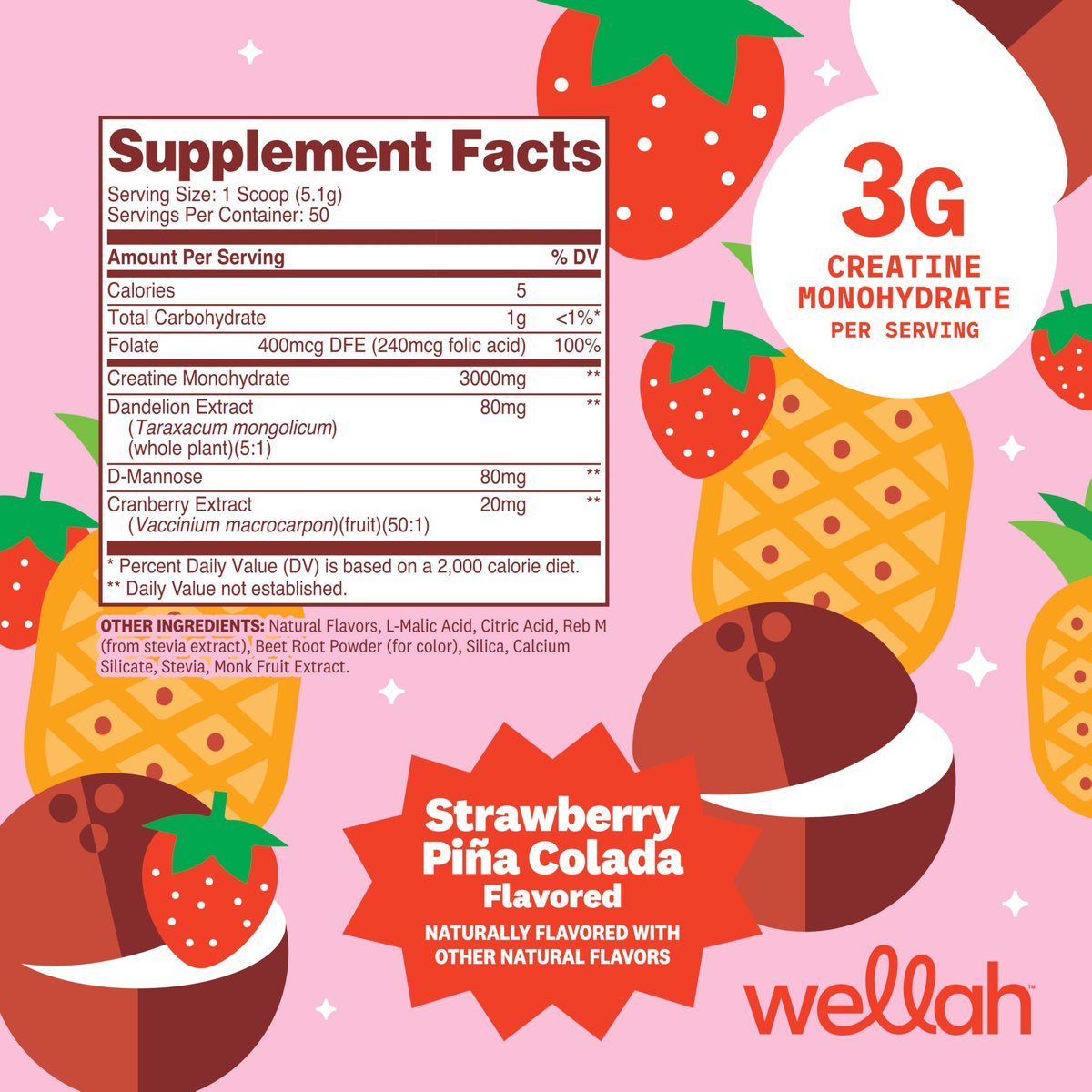 Wellah Creatin für Frauen (50 Portionen, Erdbeer-Pina-Colada) – Creatin-Monohydrat mit Löwenzahn & Cranberry-Extrakt