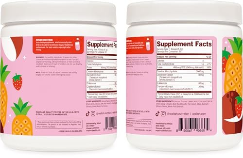 Wellah Creatin für Frauen (50 Portionen, Erdbeer-Pina-Colada) – Creatin-Monohydrat mit Löwenzahn & Cranberry-Extrakt