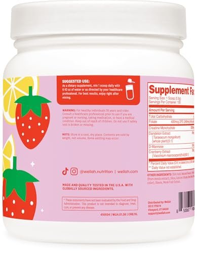 Wellah Creatine für Frauen – Kreatin-Monohydrat mit Löwenzahn & Cranberry-Extrakt (100 Portionen, Erdbeer-Zitronen-Geschmack)