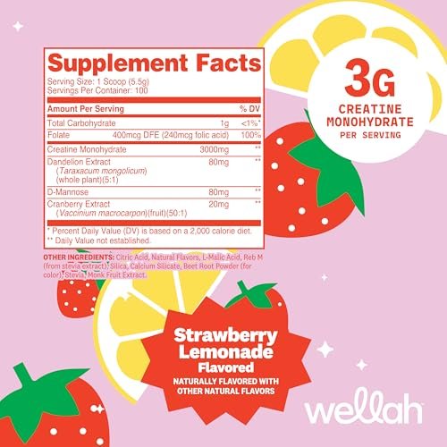Wellah Creatine für Frauen – Kreatin-Monohydrat mit Löwenzahn & Cranberry-Extrakt (100 Portionen, Erdbeer-Zitronen-Geschmack)