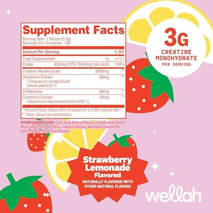 Wellah Creatine für Frauen – Kreatin-Monohydrat mit Löwenzahn & Cranberry-Extrakt (100 Portionen, Erdbeer-Zitronen-Geschmack)