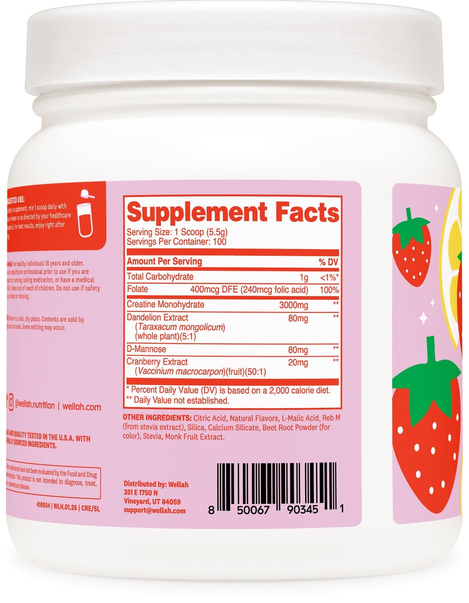 Wellah Creatine für Frauen – Kreatin-Monohydrat mit Löwenzahn & Cranberry-Extrakt (100 Portionen, Erdbeer-Zitronen-Geschmack)