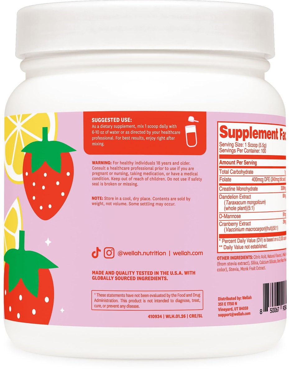 Wellah Creatine für Frauen – Kreatin-Monohydrat mit Löwenzahn & Cranberry-Extrakt (100 Portionen, Erdbeer-Zitronen-Geschmack)