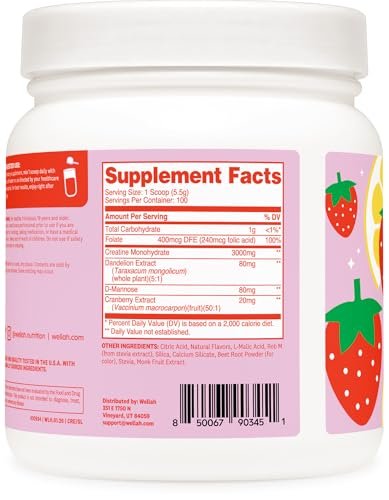Wellah Creatine für Frauen – Kreatin-Monohydrat mit Löwenzahn & Cranberry-Extrakt (100 Portionen, Erdbeer-Zitronen-Geschmack)