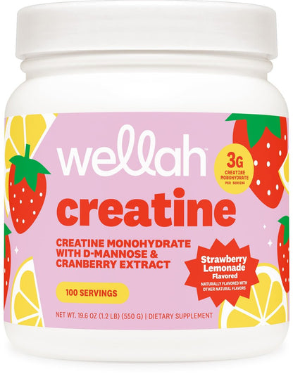 Wellah Creatine für Frauen – Kreatin-Monohydrat mit Löwenzahn & Cranberry-Extrakt (100 Portionen, Erdbeer-Zitronen-Geschmack)