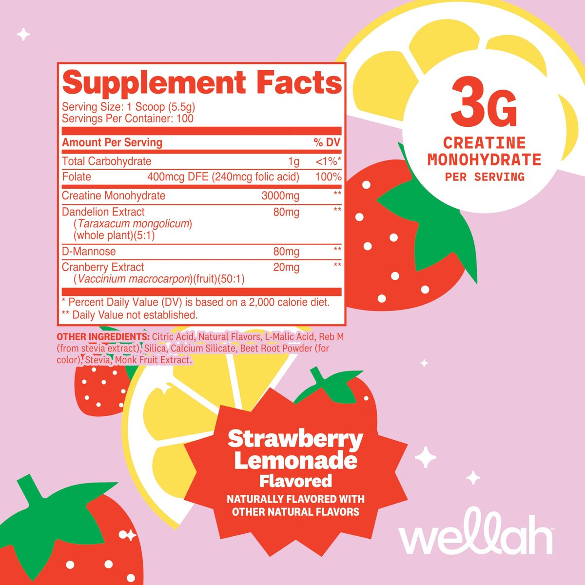 Wellah Creatine für Frauen – Kreatin-Monohydrat mit Löwenzahn & Cranberry-Extrakt (100 Portionen, Erdbeer-Zitronen-Geschmack)