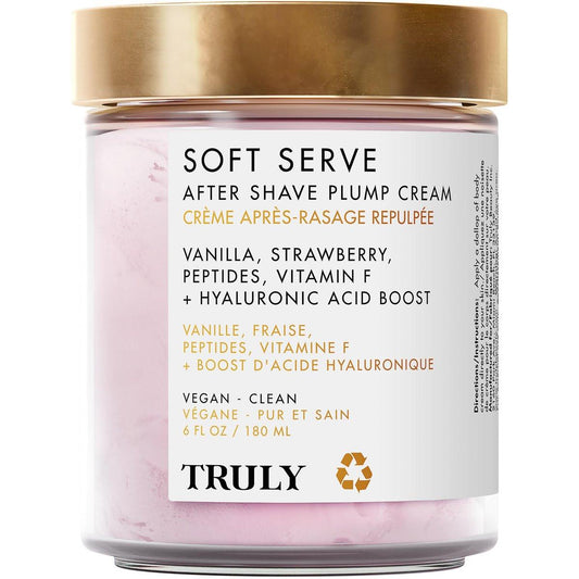Truly Beauty Soft Serve After Shave Plump Cream – Feuchtigkeitsspendende & plumpende Creme nach der Rasur für geschmeidige Haut mit Hyaluronsäure & Peptiden – Duft nach Erdbeere, Vanille & Amber