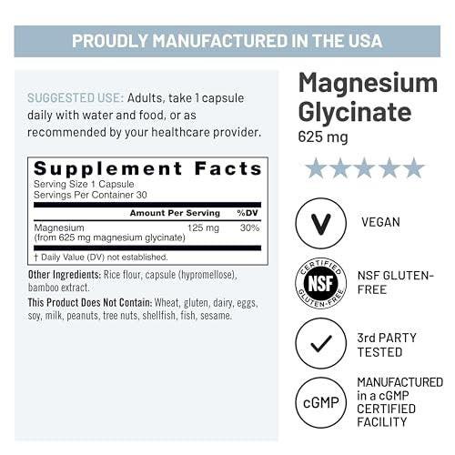 NatureWise Magnesium Glycinat 625 mg – Hochabsorbierendes, cheliertes Magnesiumglycinat für Schlaf, Entspannung, Muskeln und Knochen* – Magenfreundlich, vegan, nicht-GVO – 30 Kapseln (30-Tage-Vorrat)