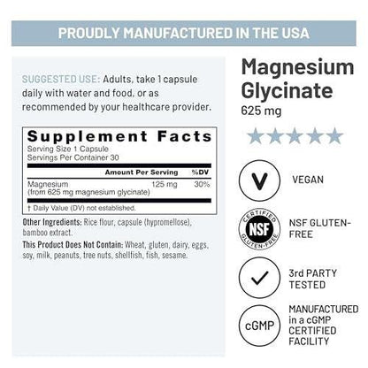 NatureWise Magnesium Glycinat 625 mg – Hochabsorbierendes, cheliertes Magnesiumglycinat für Schlaf, Entspannung, Muskeln und Knochen* – Magenfreundlich, vegan, nicht-GVO – 30 Kapseln (30-Tage-Vorrat)