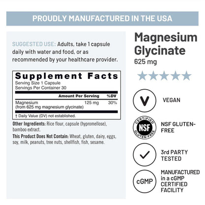 NatureWise Magnesium Glycinat 625 mg – Hochabsorbierendes, cheliertes Magnesiumglycinat für Schlaf, Entspannung, Muskeln und Knochen* – Magenfreundlich, vegan, nicht-GVO – 30 Kapseln (30-Tage-Vorrat)