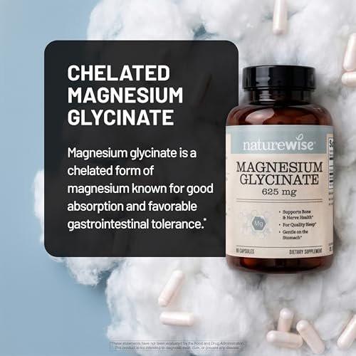 NatureWise Magnesium Glycinat 625 mg – Hochabsorbierendes, cheliertes Magnesiumglycinat für Schlaf, Entspannung, Muskeln und Knochen* – Magenfreundlich, vegan, nicht-GVO – 30 Kapseln (30-Tage-Vorrat)