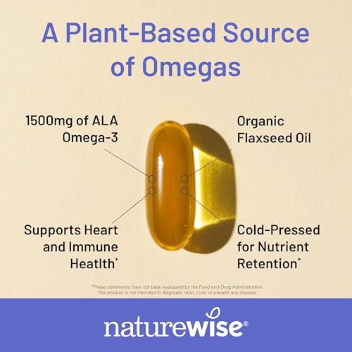 NatureWise Leinöl 3000 mg, Fischfreies Omega 3 mit 1500 mg ALA, Nahrungsergänzungsmittel für Immununterstützung – Bio, kaltgepresst, nicht gentechnisch verändert – 90 Weichkapseln [30-Tage-Vorrat]