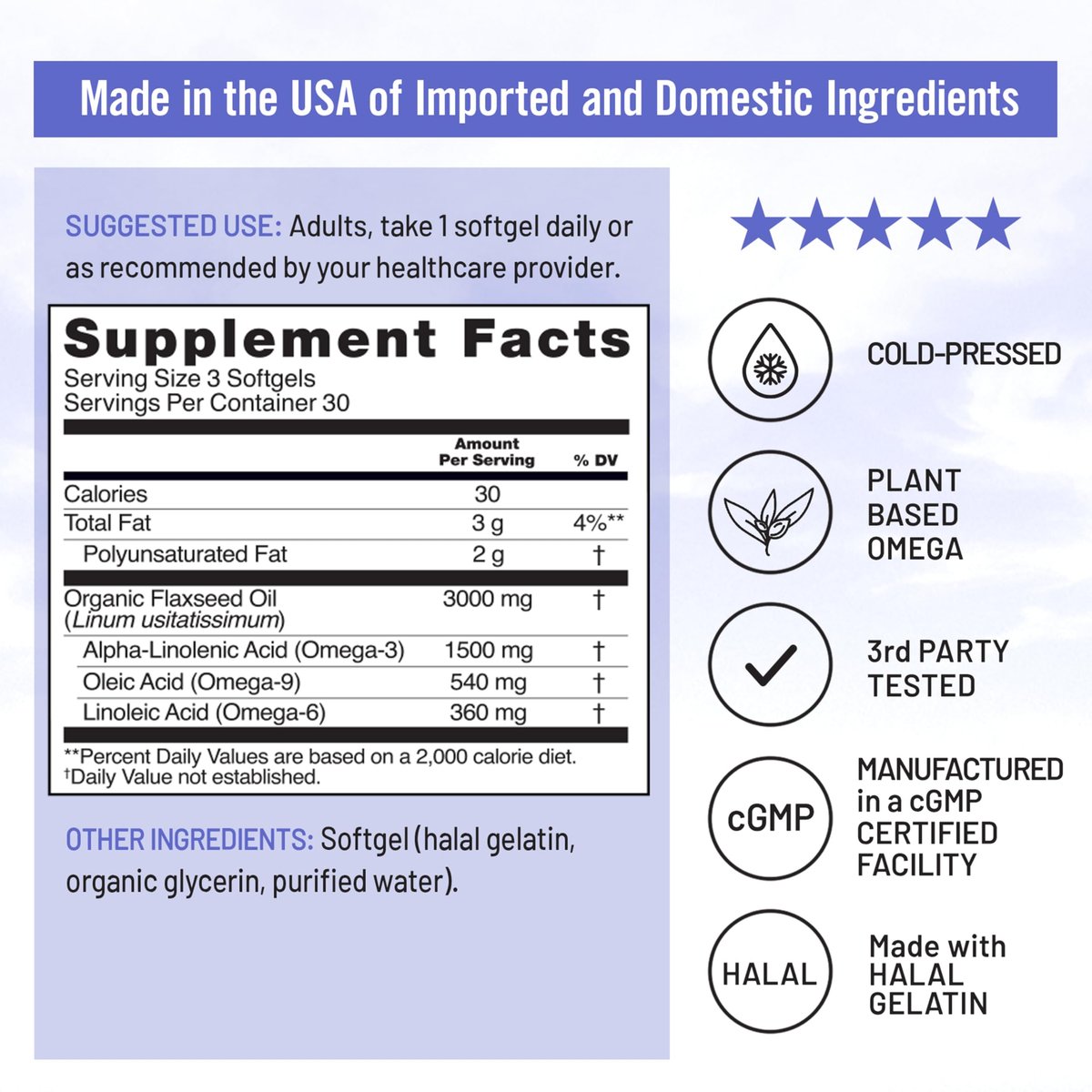NatureWise Leinöl 3000 mg, Fischfreies Omega 3 mit 1500 mg ALA, Nahrungsergänzungsmittel für Immununterstützung – Bio, kaltgepresst, nicht gentechnisch verändert – 90 Weichkapseln [30-Tage-Vorrat]