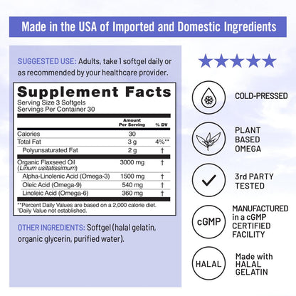NatureWise Leinöl 3000 mg, Fischfreies Omega 3 mit 1500 mg ALA, Nahrungsergänzungsmittel für Immununterstützung – Bio, kaltgepresst, nicht gentechnisch verändert – 90 Weichkapseln [30-Tage-Vorrat]