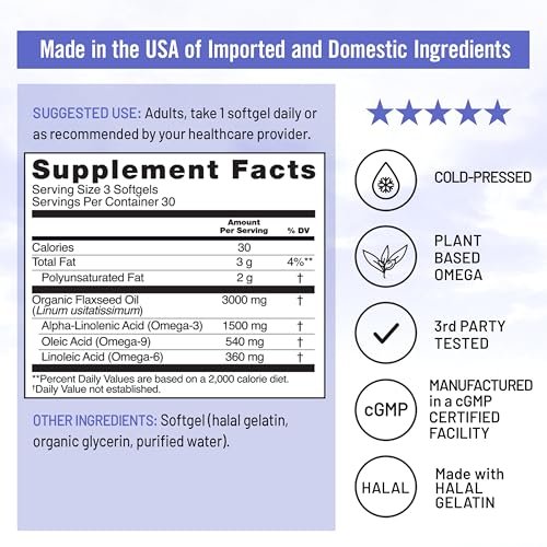 NatureWise Leinöl 3000 mg, Fischfreies Omega 3 mit 1500 mg ALA, Nahrungsergänzungsmittel für Immununterstützung – Bio, kaltgepresst, nicht gentechnisch verändert – 90 Weichkapseln [30-Tage-Vorrat]