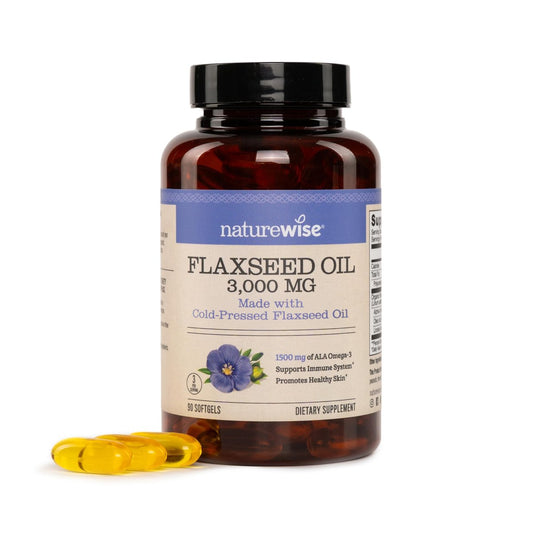 NatureWise Leinöl 3000 mg, Fischfreies Omega 3 mit 1500 mg ALA, Nahrungsergänzungsmittel für Immununterstützung – Bio, kaltgepresst, nicht gentechnisch verändert – 90 Weichkapseln [30-Tage-Vorrat]
