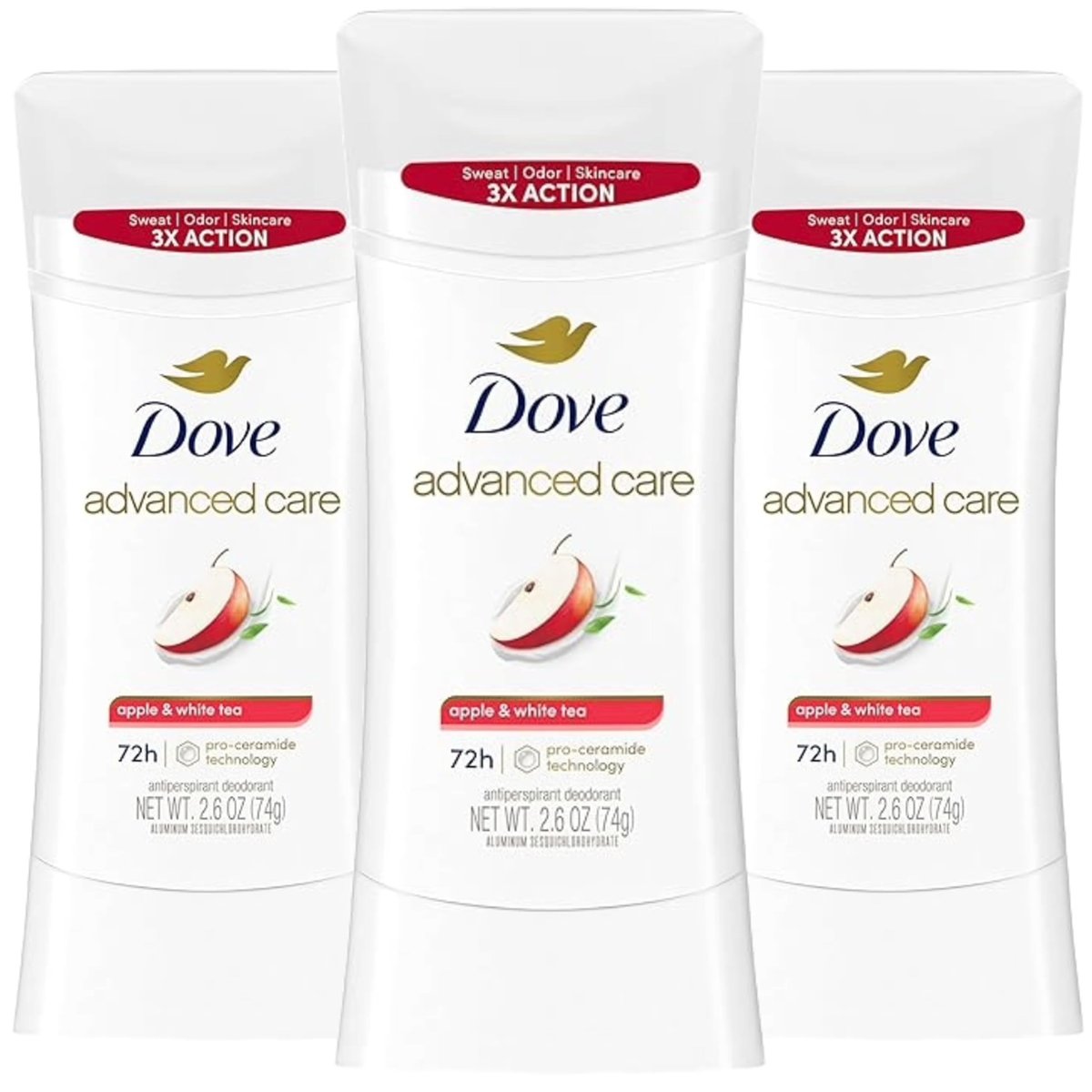 Dove Advanced Care Deodorant Stick Apfel & Weißer Tee mit 72-Stunden-Schweiß- und Geruchsschutz, 2,6 oz (3er-Pack)