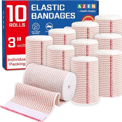 AZEN Premium 10er-Pack elastische Binden 3 Zoll, Kompressionsbandage für Beine, Knöchel, Knie, Bauch, Körper, Lymphdrainage-Binden, latexfrei