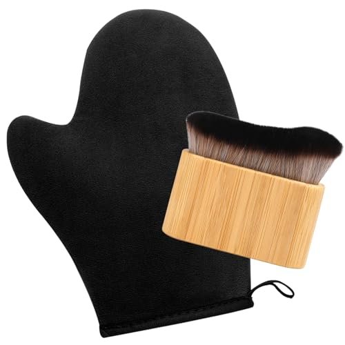 KELILO Selbstbräuner-Handschuh und Kabuki-Pinsel 2-in-1 Set – Doppelseitiger Samthandschuh mit rutschfestem Griff und ergonomischem Applikator für streifenfreie, sonnenlose Bräune für Körper und Gesicht