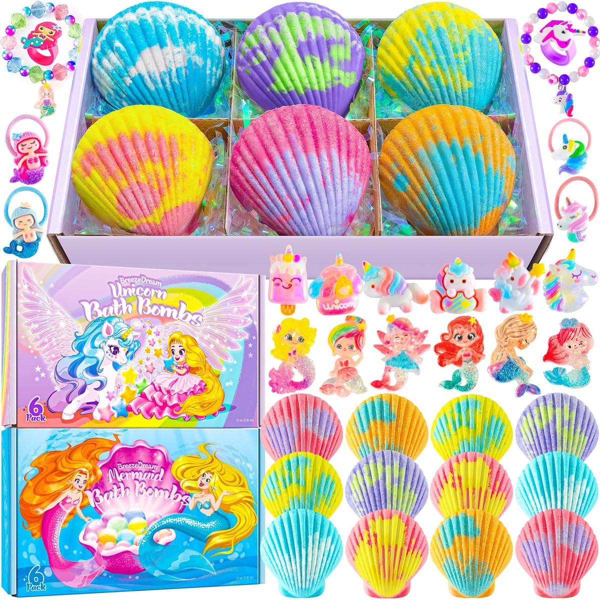 Badebomben Muscheln für Mädchen – 12er-Pack kindersichere Aromatherapie-Badebomben mit 20 Überraschungsspielzeugen im Inneren, 6 fruchtige Düfte in 2 Geschenkboxen (Meerjungfrau & Einhorn), Weihnachtsgeschenk für Kinder