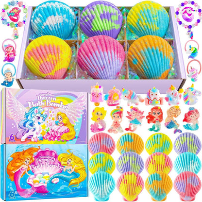 Badebomben Muscheln für Mädchen – 12er-Pack kindersichere Aromatherapie-Badebomben mit 20 Überraschungsspielzeugen im Inneren, 6 fruchtige Düfte in 2 Geschenkboxen (Meerjungfrau & Einhorn), Weihnachtsgeschenk für Kinder